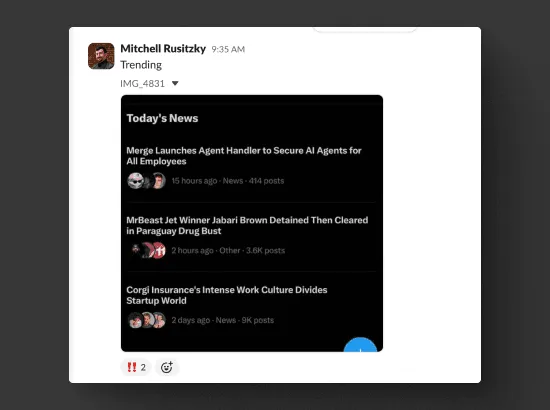 Slack message captioned “Trending” with a screenshot of X’s Today’s News panel. The top item reads “Merge Launches Agent Handler to Secure AI Agents for All Employees”.
